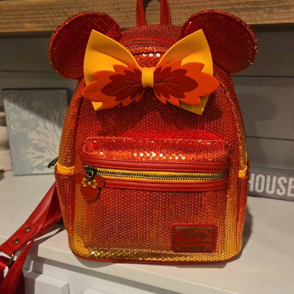 Disney Sequin Fall Minnie Mouse Ombre Backpack- Red and Yellow